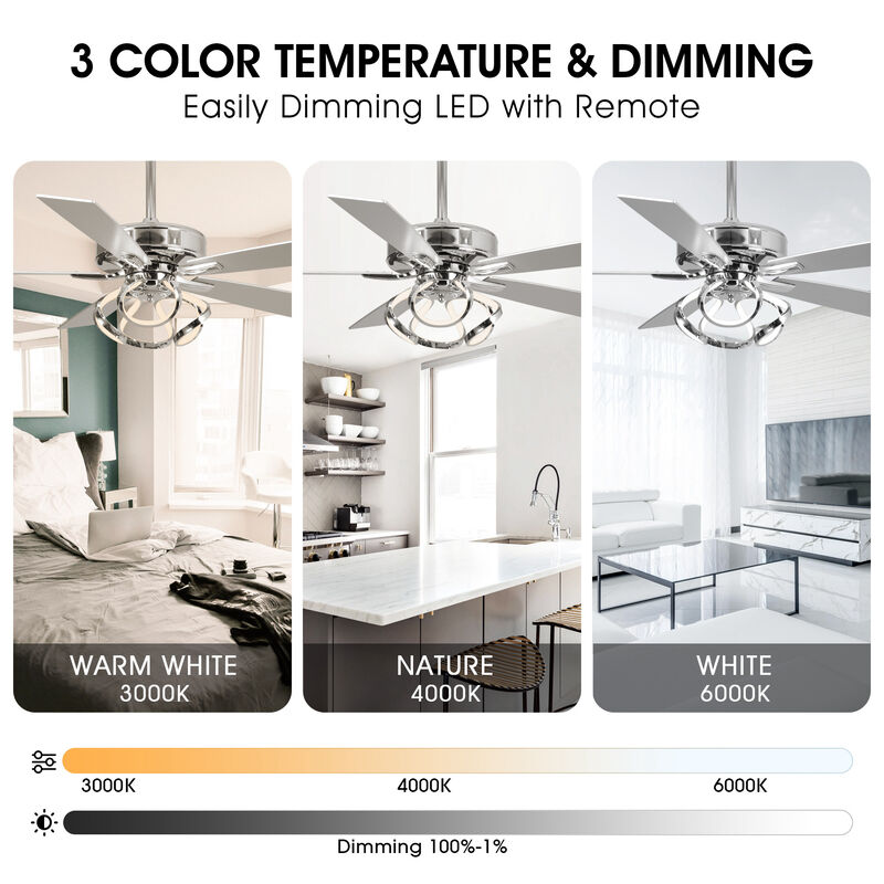 52 in. Integrated LED Chrome Reversible Blades Ceiling Fan with Light and Remote
