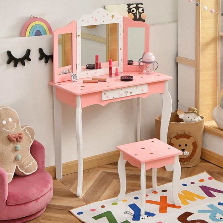 Hivvago Kids Princess Vanity Table and Stool Set with Tri-folding Mirror and Drawer