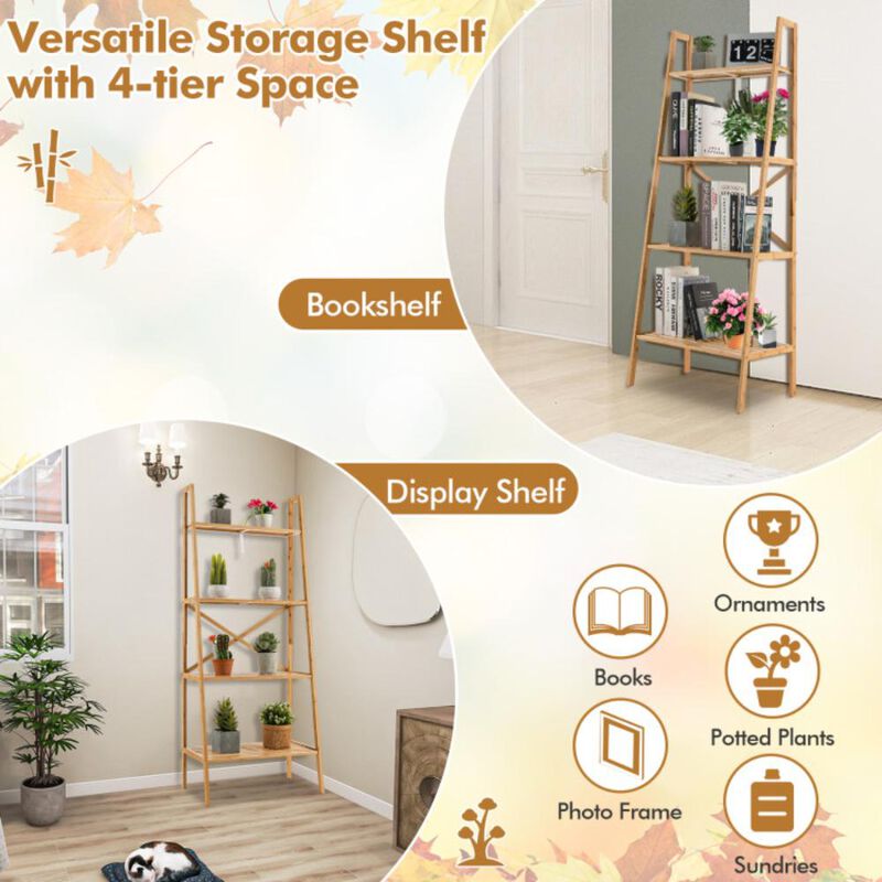 Hivvago 58 Inch 4-Tier Bamboo Ladder Bookshelf