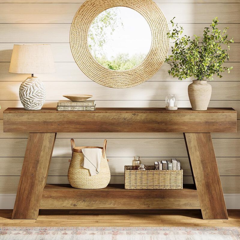 Tribesigns Farmhouse 2-Tier Wood Console Table with Storage Shelf image number 2
