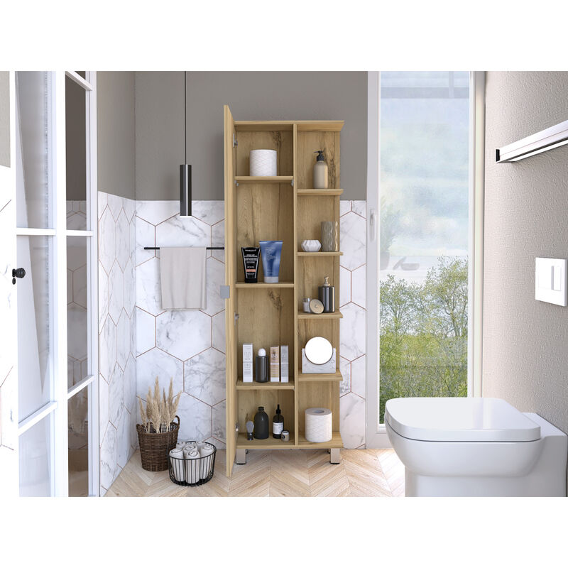 Urano Mirror Linen Cabinet, Four Interior Shelves, Five External Shelves -Light Oak