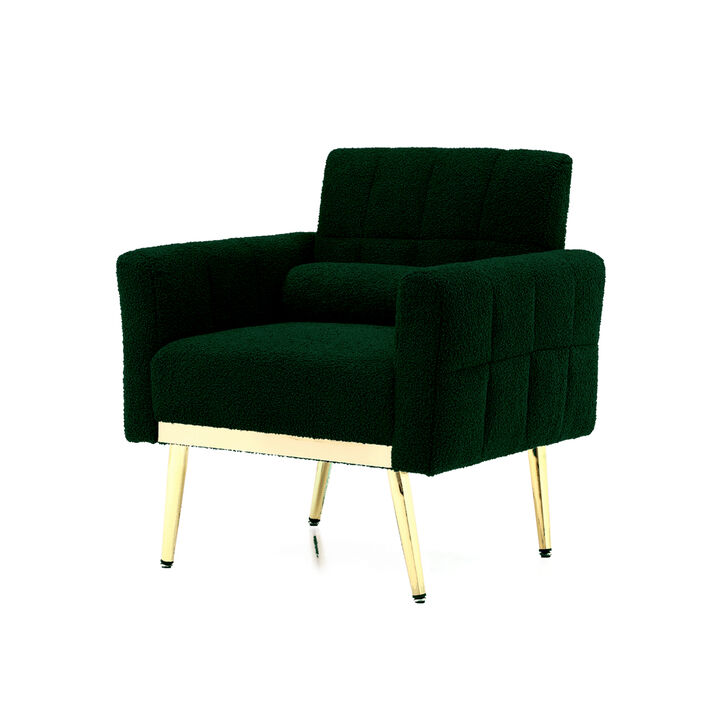 Modern Accent Chair Upholstered Reading Chair Sofa Chair with Metal Legs and Waist Pillow Side Chair for Living Room Bedroom Office (Green,Teddy Fabric)