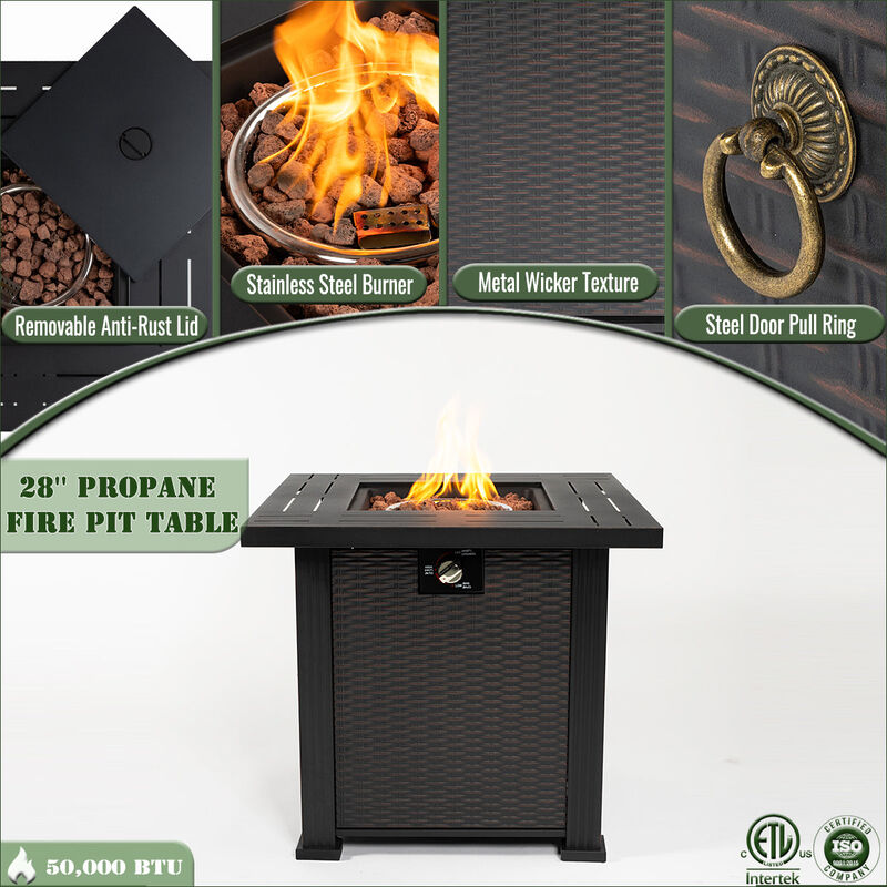 28" Propane Gas Fire Pit Table, 50000 BTU Square Steel Fire Pit for Outside Patio Deck Garden Backyard