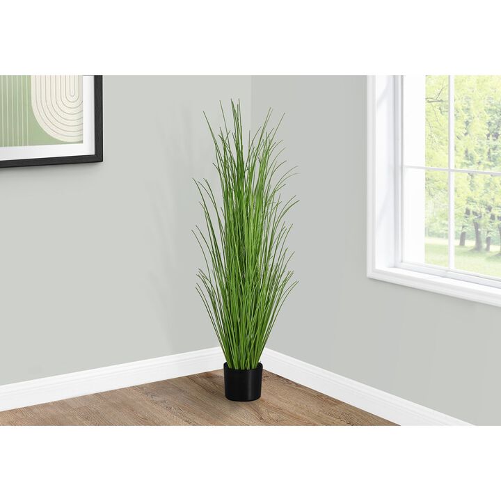 Monarch Specialties I 9565 - Artificial Plant, 47" Tall, Grass Tree, Indoor, Faux, Fake, Floor, Greenery, Potted, Real Touch, Decorative, Green Grass, Black Pot