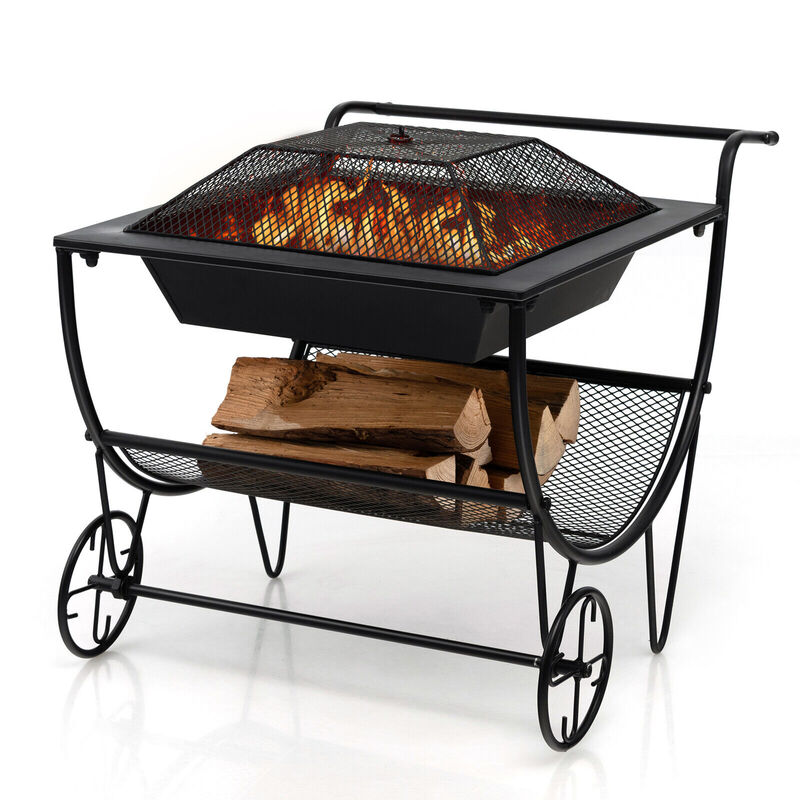 Outdoor Wood Burning Fire Pit with Log Storage Rack and Wheels