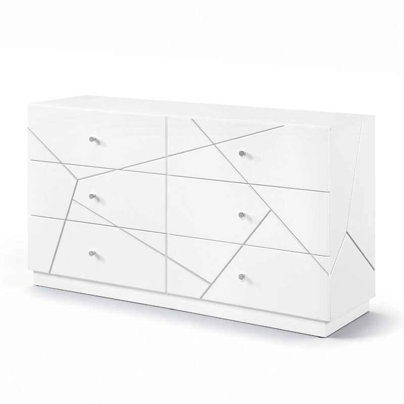 Oly Wide Dresser, 6 Drawers, Geometric Design, Chrome Knobs, Glossy White image number 4