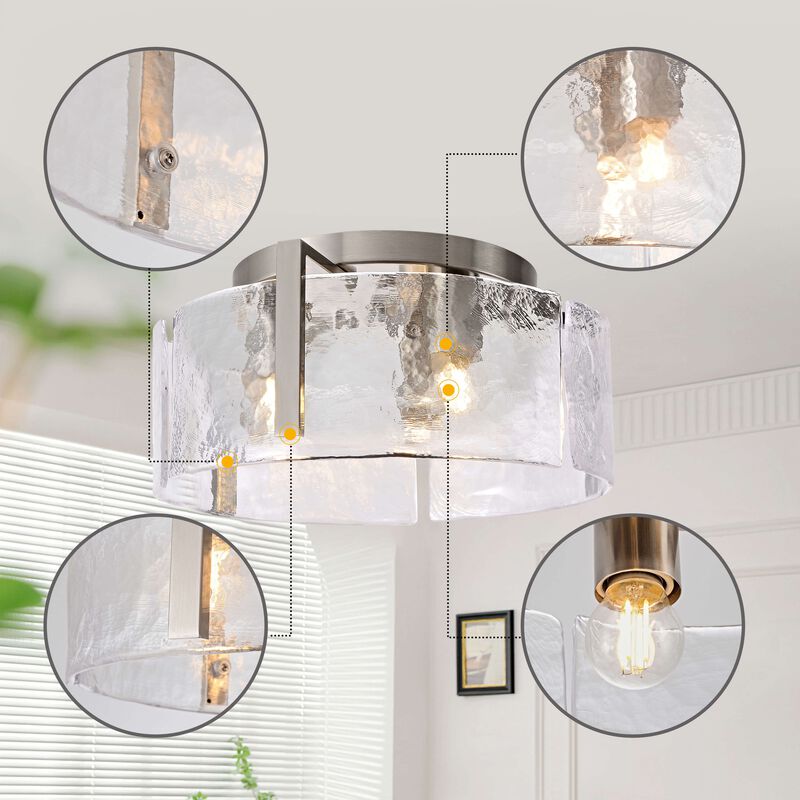 Aurore Round 3-Light Antique Nickel Textured Glass Panels Flush Mount image number 8