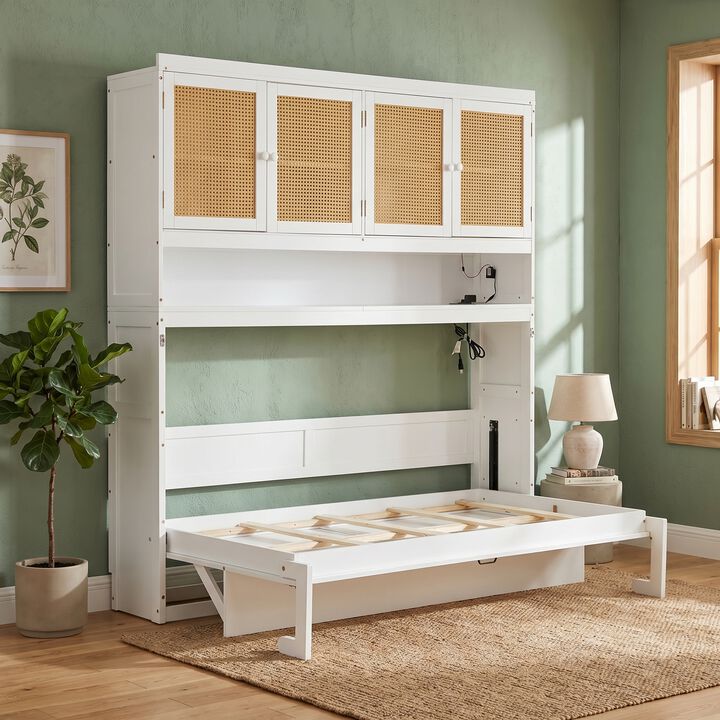 Whisen Twin Size Murphy Bed with Top Cabinet, Desk, LED & USB, MDF/LVL, Space-Saving for Apartments