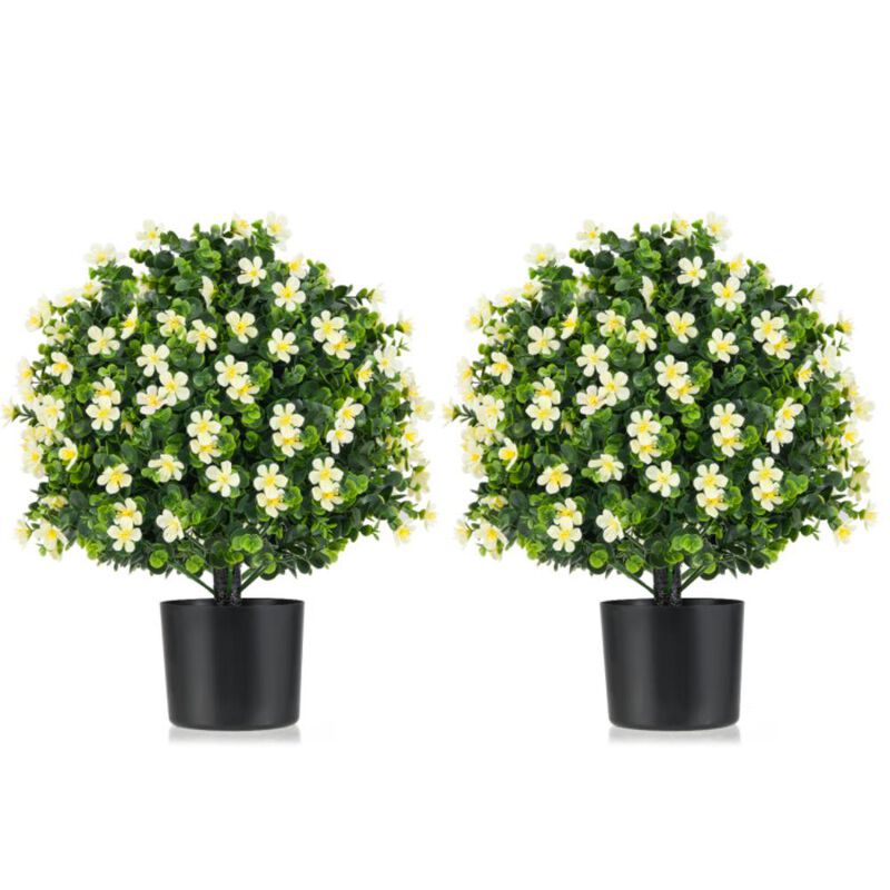 Hivvago 2 Pack Artificial Boxwood Topiary Ball Tree Faux Shrub Bushes with Flowers