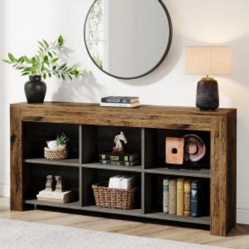 Rustic Wood Sofa Table, Console Table with 6 Storage Cubes for Entryway image number 3