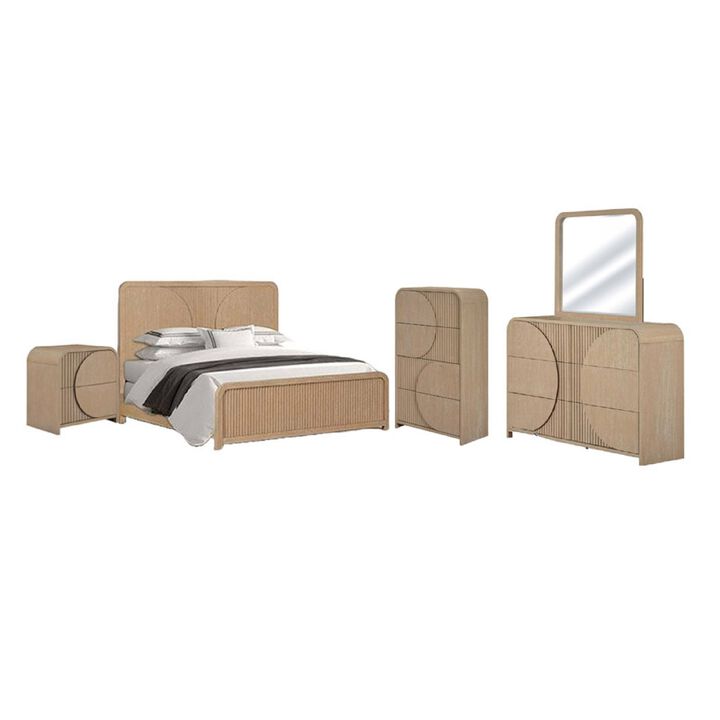 Tanya 5pc Queen Bedroom Set w Tall Chest, Reeded Natural Brown