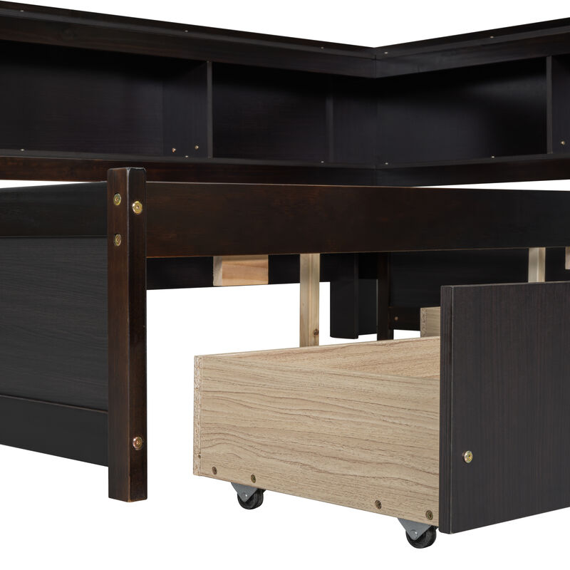 Whisen Full Size L-shaped Bookcases Bed with Power Outlets, USB Charging Ports,Two Drawers image number 7