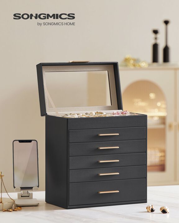 6-Layer Jewelry Box with Glass Lid for Large Jewelry Storage and Display