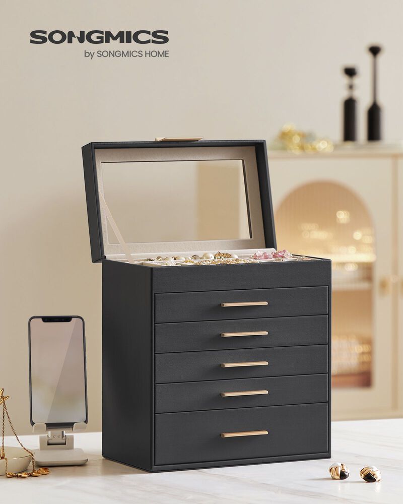 6-Layer Jewelry Box with Glass Lid for Large Jewelry Storage and Display