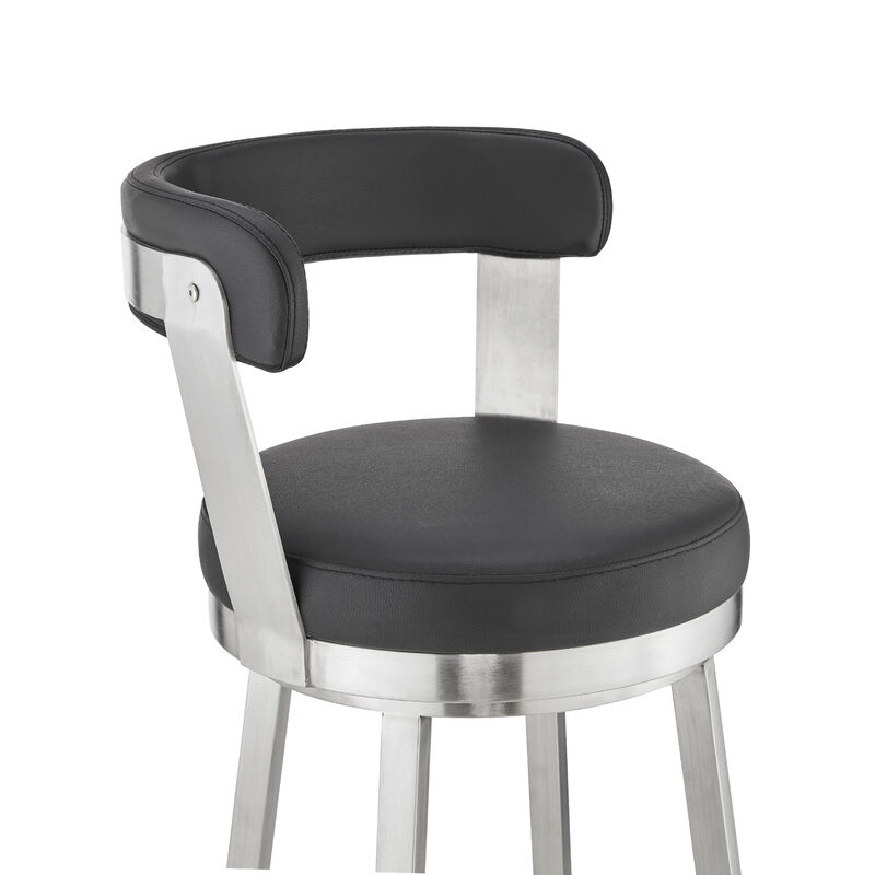 Kobe Bar Height Swivel Bar Stool in Brushed Stainless Steel Finish and Black Faux Leather image number 5