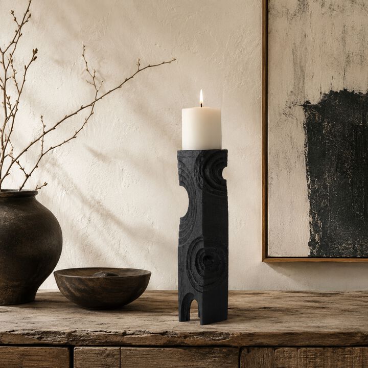 Tabletop Decor, Pillar Candle Stand, Geometric Cutouts, Black Resin 21 Inch
