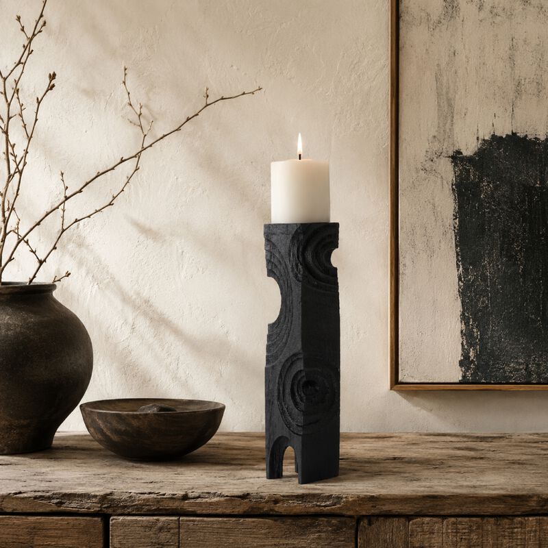 Tabletop Decor, Pillar Candle Stand, Geometric Cutouts, Black Resin 21 Inch image number 1