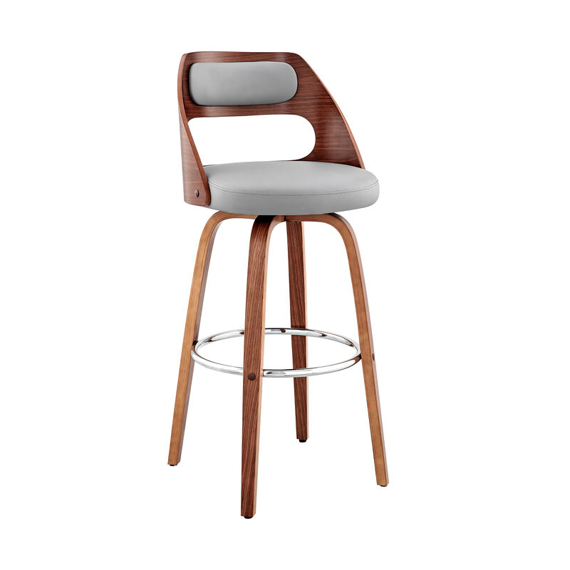 Julius  Gray Faux Leather and Walnut Wood Bar Stool