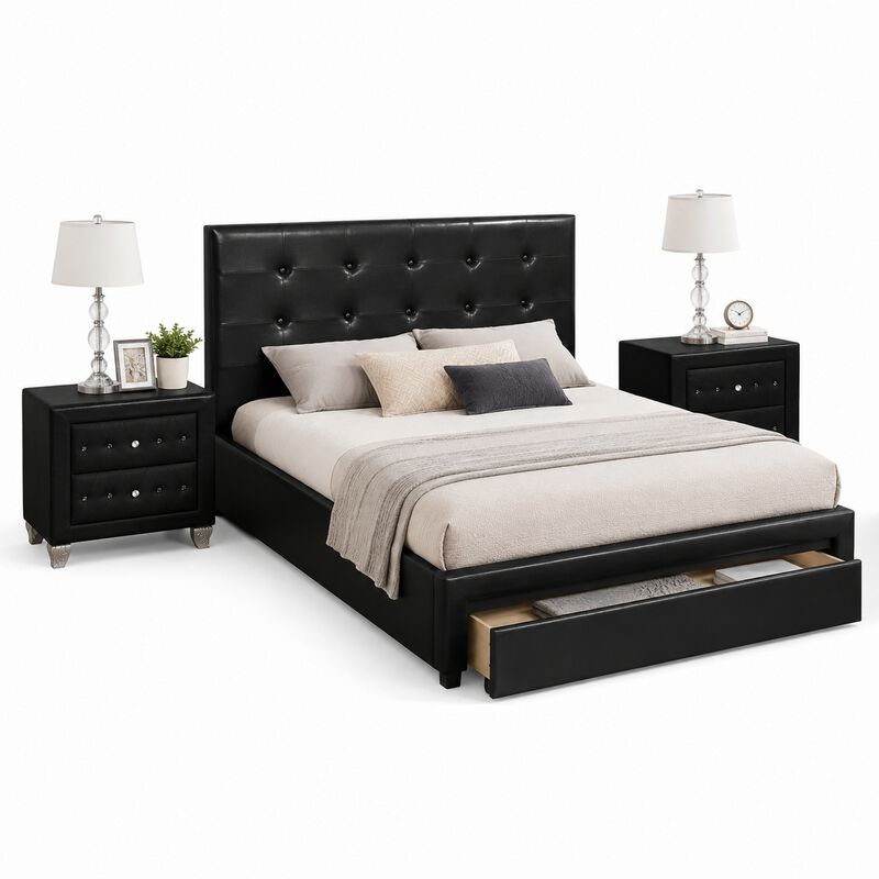 Queen Bedroom Set, Black Wood, 3 Piece Set with 2 Nightstands image number 0