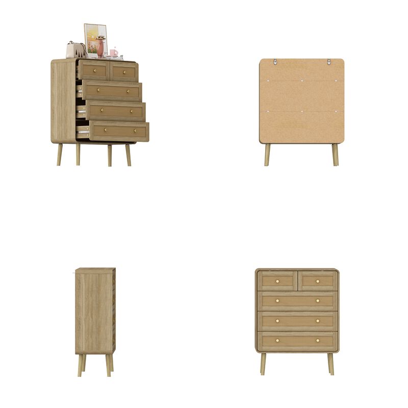 FUFU&GAGA 5-Drawer Dresser, Modern Wood Chest with Rattan Fronts, Gold Handles & Sturdy Wooden Legs, Spacious Storage Cabinet for Bedroom (31.5" W x 39.8" H x 13.9" D), Natural Wood