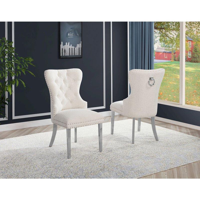 Cream Boucle Fabric And Silver Base Side Chairs (Set Of 2)