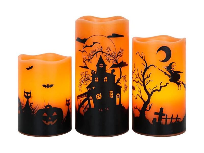 Set of 3 Halloween Flickering Flameless Candles &ndash; Real Wax LED with 6-Hour Timer for Indoor Decor & Gifting image number 0
