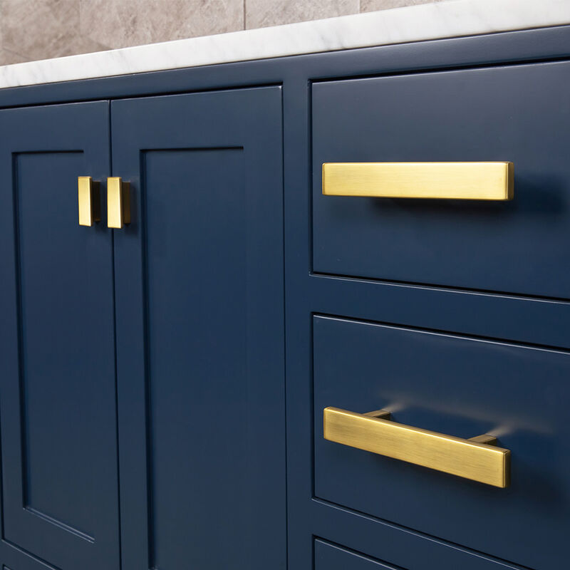 Madison 36 In. Single Sink Carrara White Marble Countertop Bath Vanity In Monarch Blue with Satin Gold Hardware