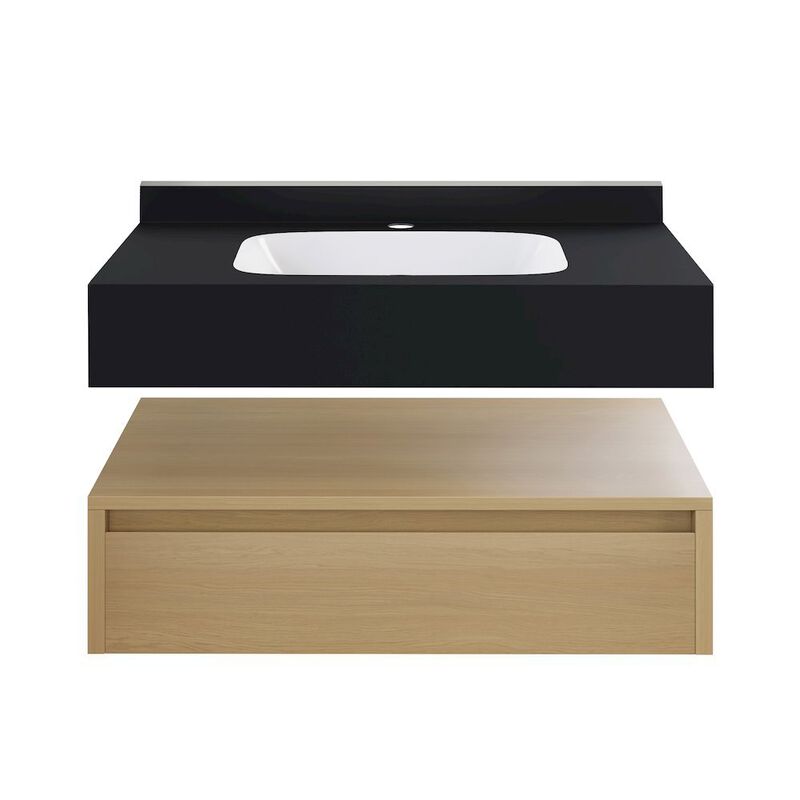 36" Wall-Mounted Bathroom Vanity in Natural Oak with Black Marble Sink Top image number 0