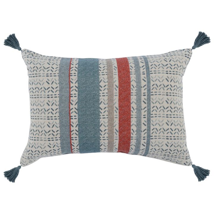 14 x 20 Modern Throw Pillow, Digitally Printed, Stripes, Tassels, Blue, Red-Benzara