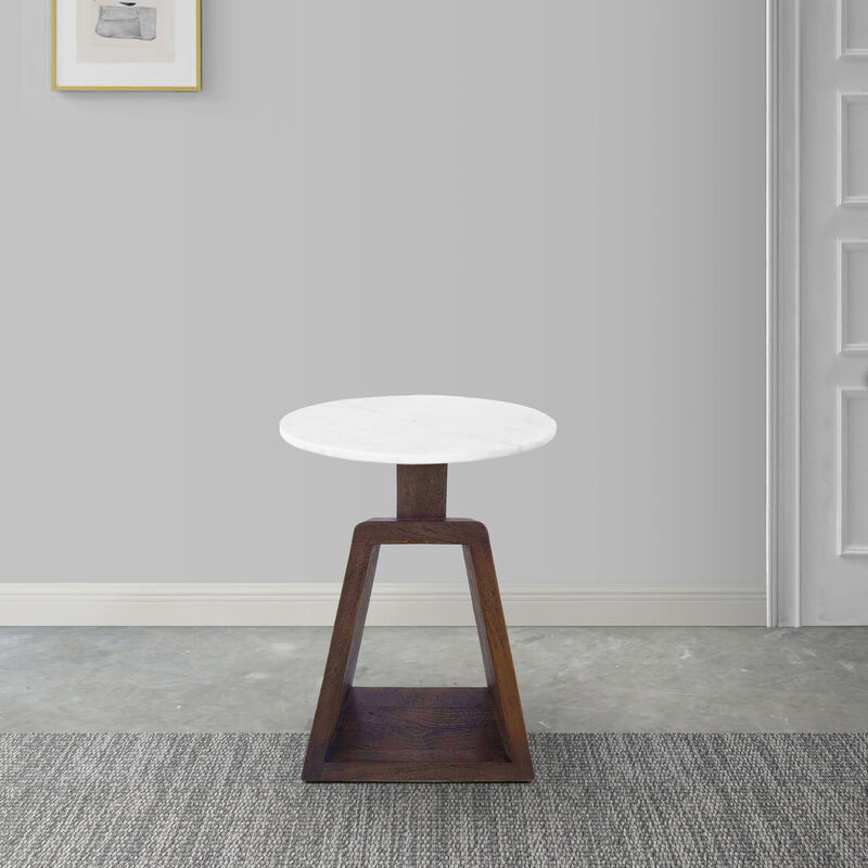Port Blair Side End Table, Round White Genuine Marble Top with Handcrafted Mango Wood 16.5 Inch image number 3