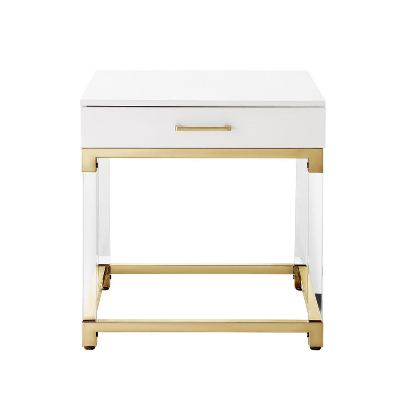 HomeRoots 24" Wood Acrylic and Stainless Steel Square End Table With Drawer image number 0