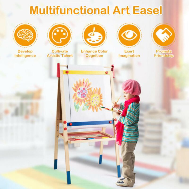 Hivvago All-in-One Wooden Height Adjustable Kid's Art Easel with Magnetic Stickers and Paper