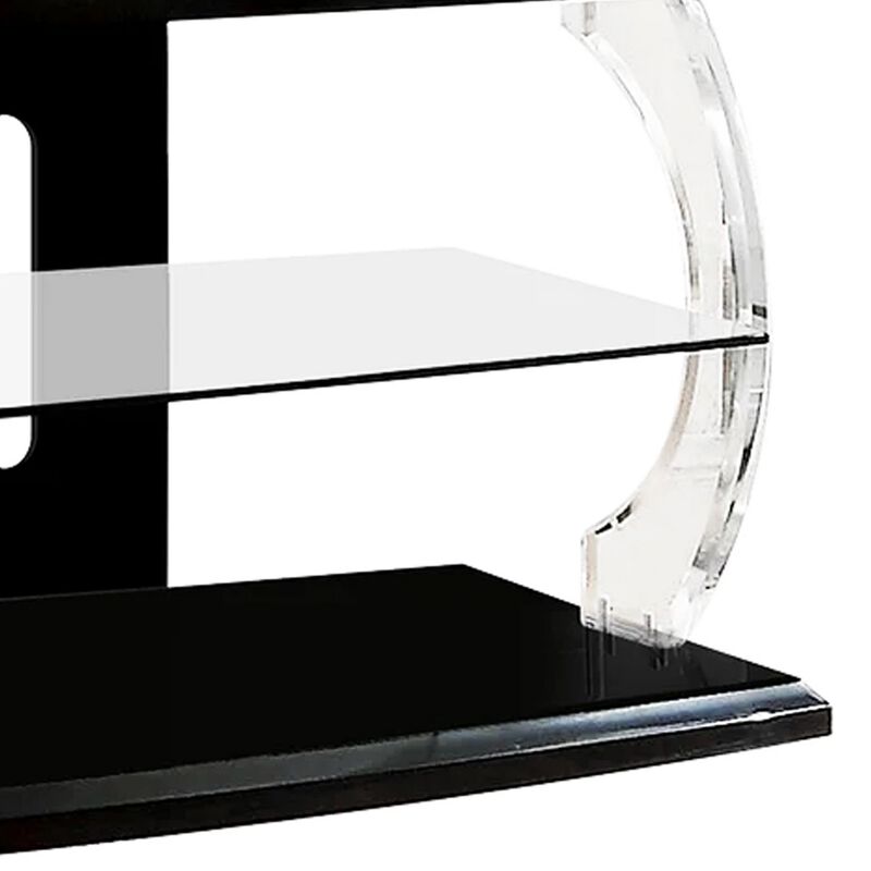 72" Wooden TV Stand With Spacious Glass Shelf, Black And Clear-Benzara