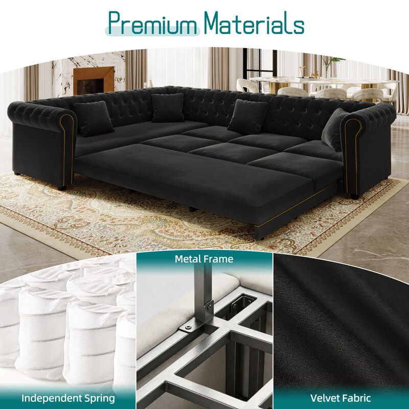 Gorheg Velvet L‑Shaped Chesterfield Sectional Sleeper Sofa image number 5