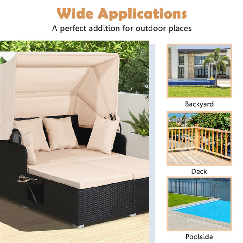 Rattan Daybed Lounge with Retractable Canopy, Side Tables & Cushions image number 8