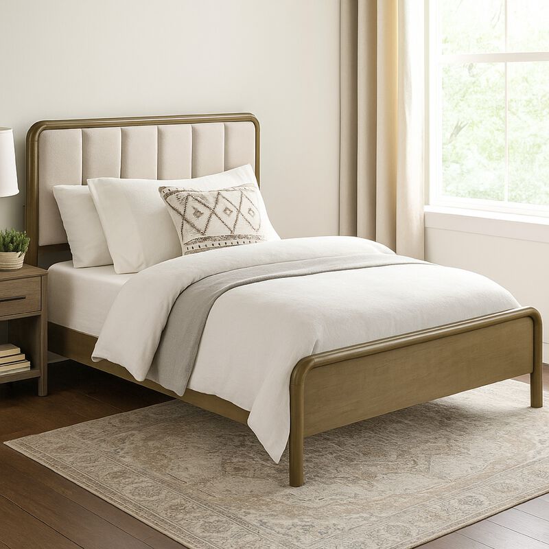 Deon Queen Bed, Vertical Channel Tufted Beige Boucle Upholstery, Brown