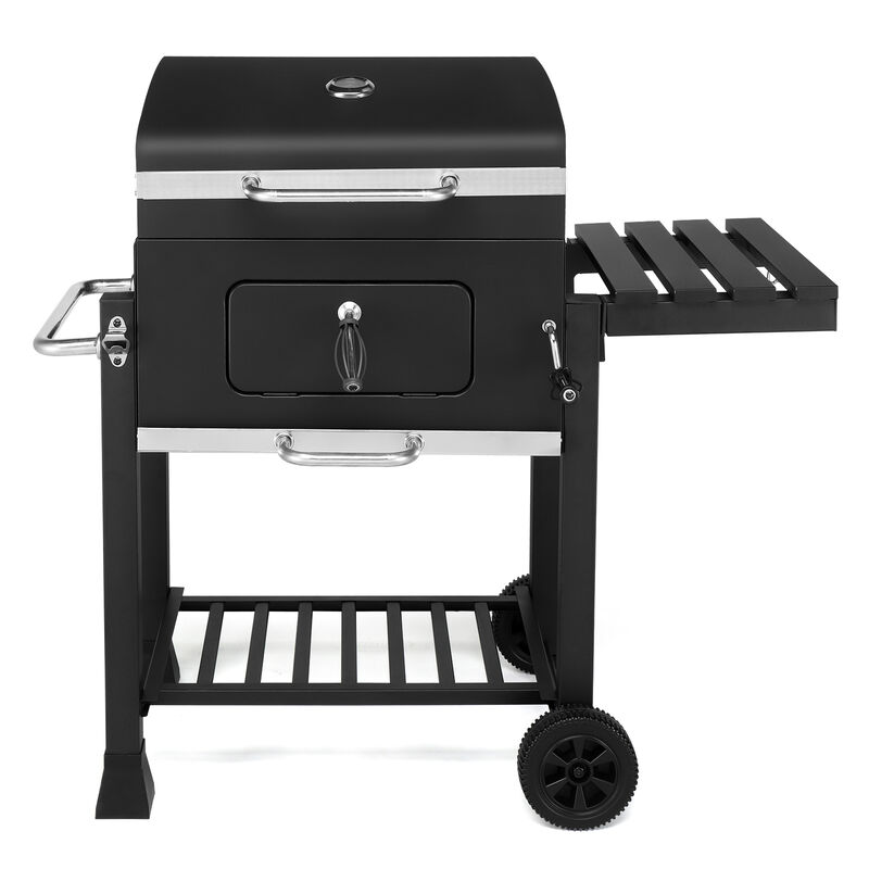 Charcoal Grill with Foldable Side Table and Wheels, Portable Outdoor BBQ Grill for Backyard Cooking