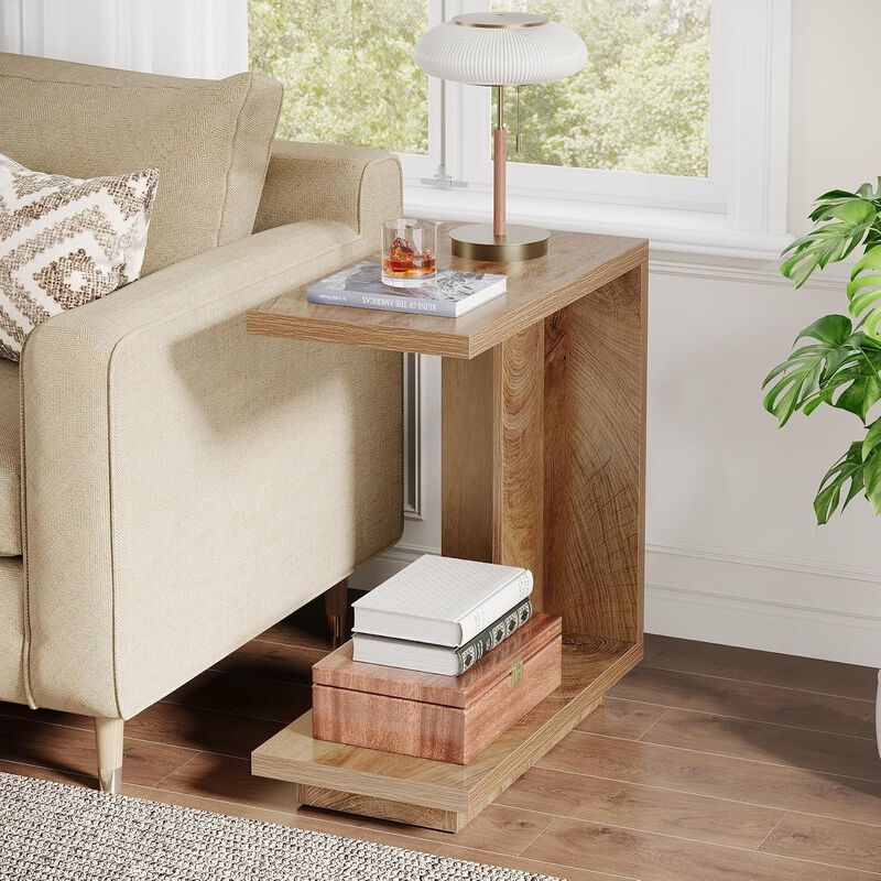 C Shaped End Wood Table with 2 Shelves, Slim Nightstand, Slides Over Sofa or Bed image number 7