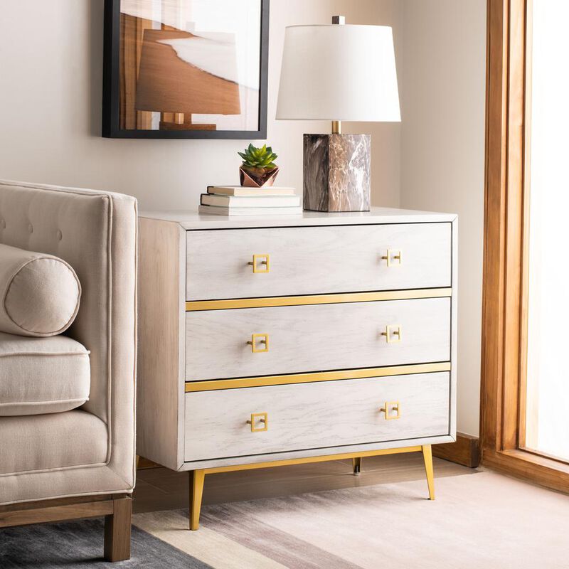 Safavieh Katia 3 Drawer Chest, White Wash/Gold