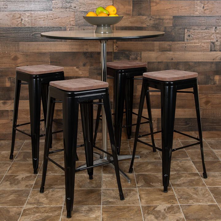 Flash Furniture Lily 30" High Metal Indoor Bar Stool with Wood Seat in Black - Stackable Set of 4