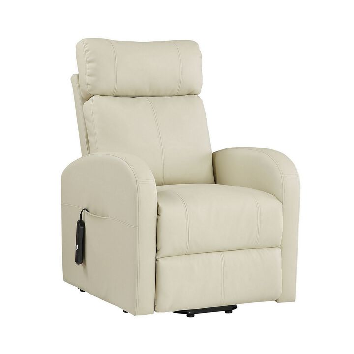 Power Lift Recliner Chair with Faux Leather and Wired Controller, Off White - Benzara