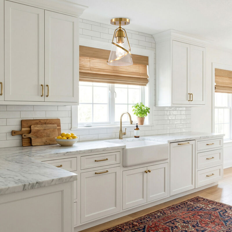 7" Modern Gold Dimmable Semi-Flush Mount Ceiling Light with Seeded Glass Shade image number 2