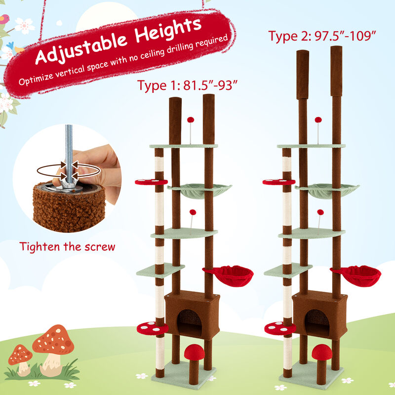 Mushroom Themed Floor to Ceiling Cat Tree with Adjustable Height, Condo, and Hammock-Brown image number 5