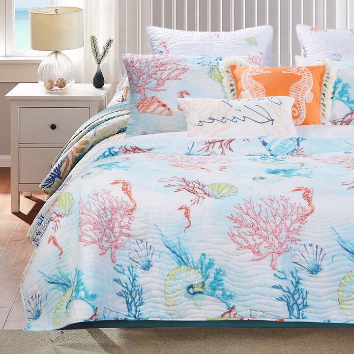 King Size 3 Piece Polyester Quilt Set with Coral Prints, Multicolor - Benzara