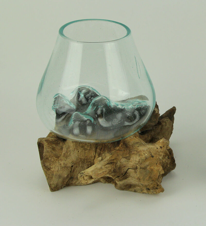 Clear Molten Glass On Teak Driftwood Base Decorative Bowl Vase Terrarium Planter image number 3