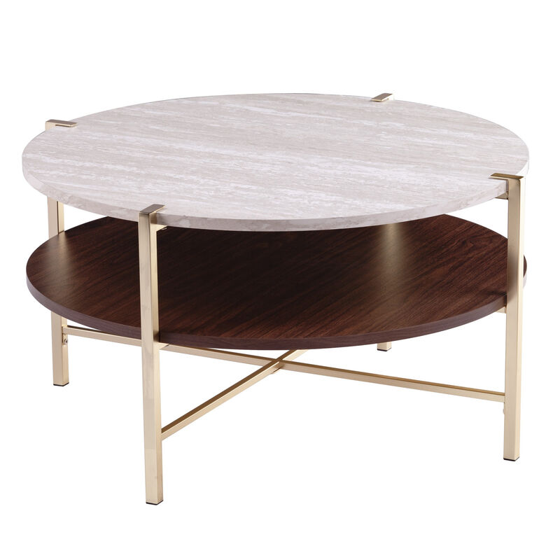 Hivvago 33 Inch  Brass Solid Manufactured Wood And Metal Round Coffee Table