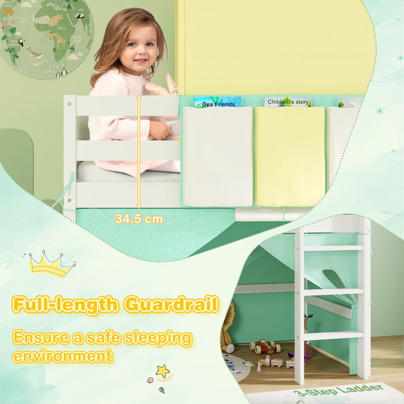 Loft Bed Playhouse Bed Frame with Tower Tent and 3 Storage Pockets