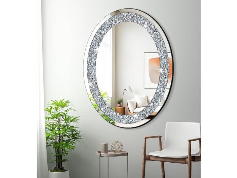 Oval Bling Mirror – 24x32" Frameless Crystal Diamond Wall Décor