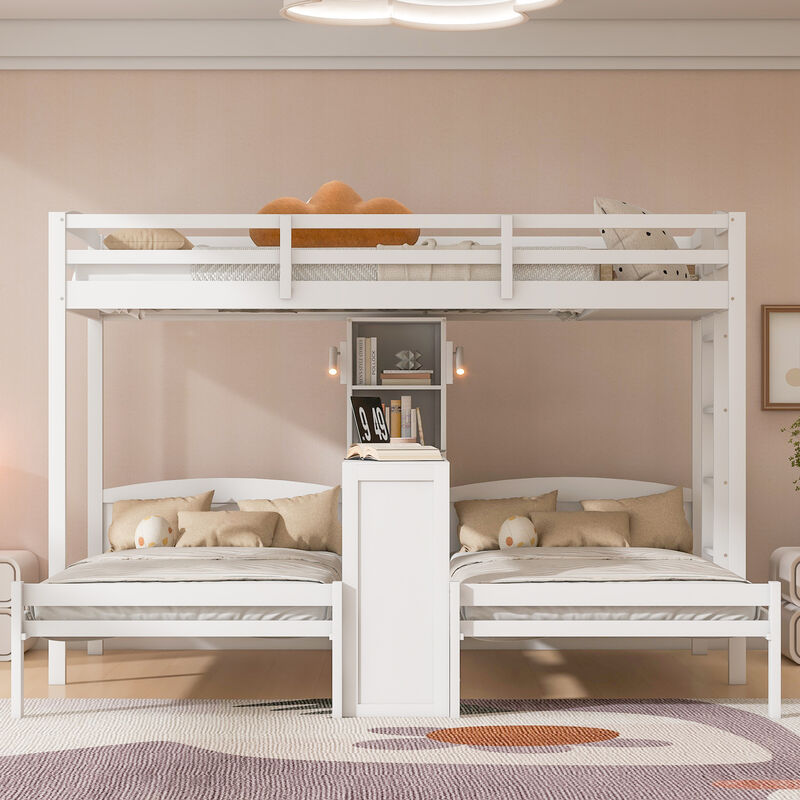 Merax Twin over Twin&Twin Bunk Bed with Built-in Desk and Storage Shelves image number 3