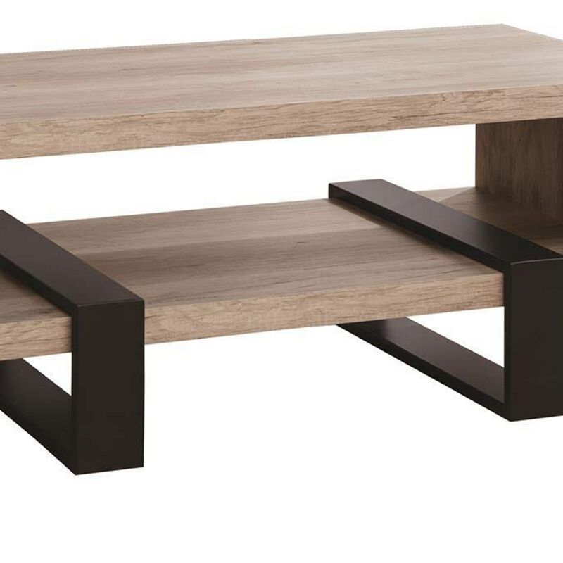 Modern Driftwood Open Shelf Coffee Table, Gray and Brown-Benzara